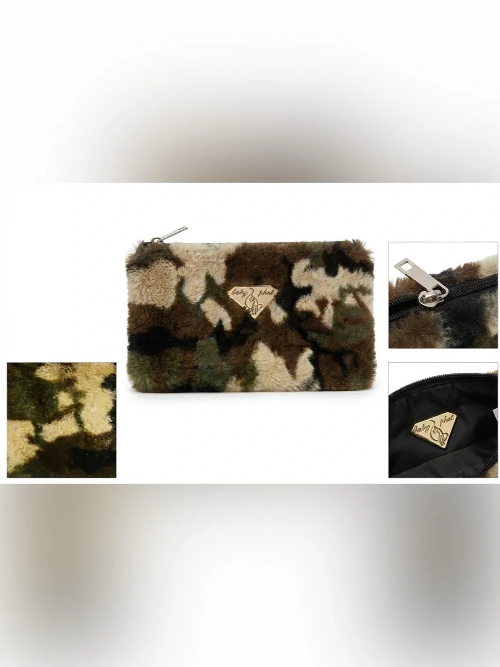 Baby Phat Faux Fur Camouflage Zip Pouch - Olive & Brown